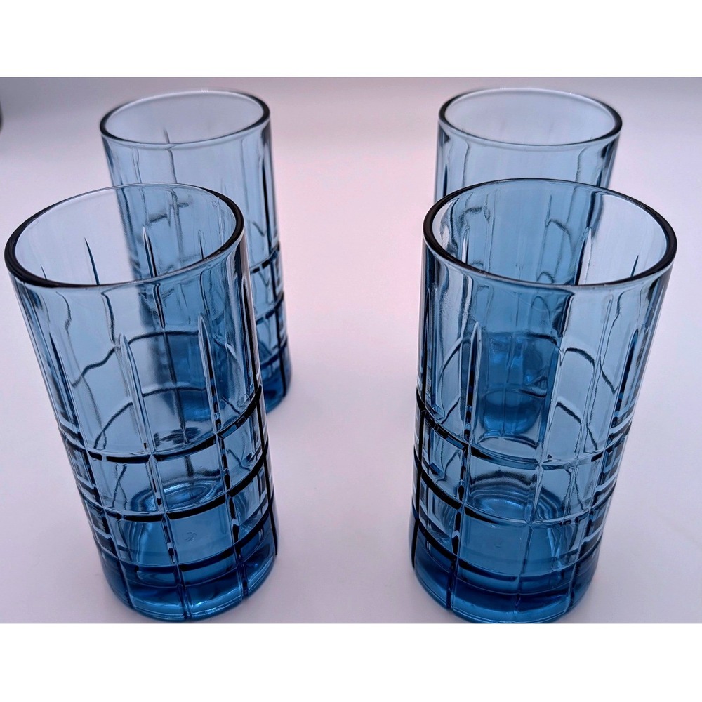 Libbey Apollo Blue Glass Tumblers Set of 4 Vintage Highball Glasses Grid Pattern